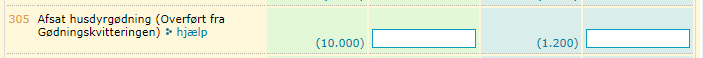 Skærmbillede af gødningsregnskabets felt 305 Afsat husdyrgødning (Overført fra Gødningskvitteringen)